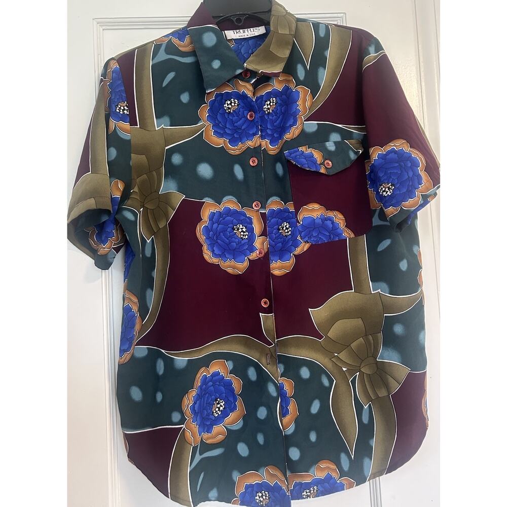 Truffles vintage 80' button down Floral top abstract retro print petite S /M USA